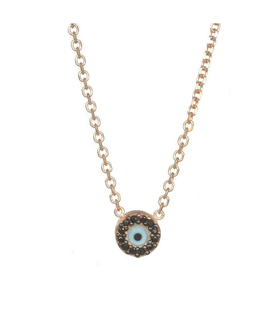 Sterling silver 925 evil eye necklace with black zirconia and rose gold plating