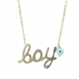 Silver necklace with the word boy and eye 