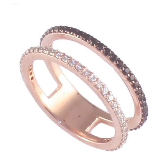 Rose gold-plated sterling silver double ring with zircons in white and black color 