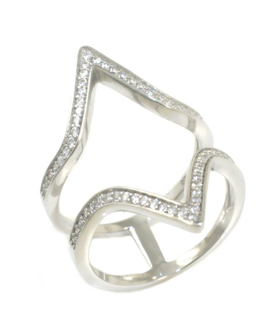 Silver ring with the double V and natural zircons 