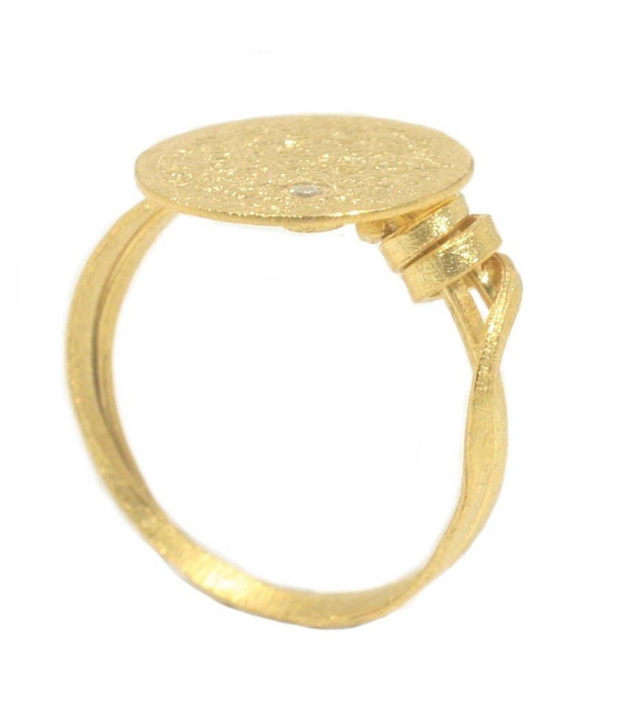 14K satin gold ring with round engraved head and natural white zirconia