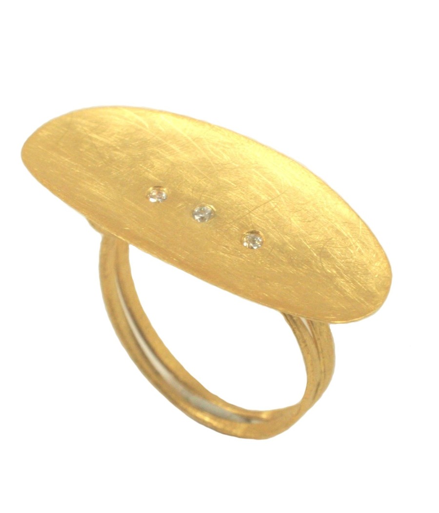 Handmade 14K Satin Gold Ring with Three White Zirconia Stones