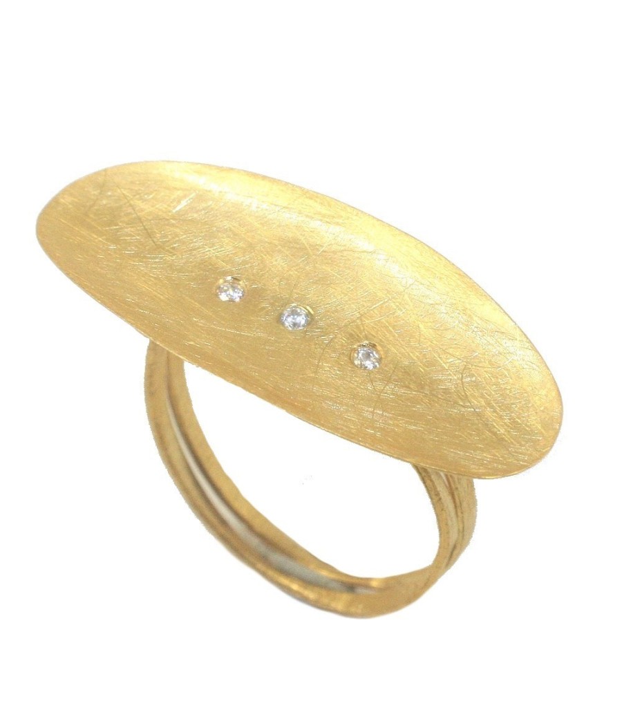 Handmade 14K satin gold ring with oval head and zirconia stones