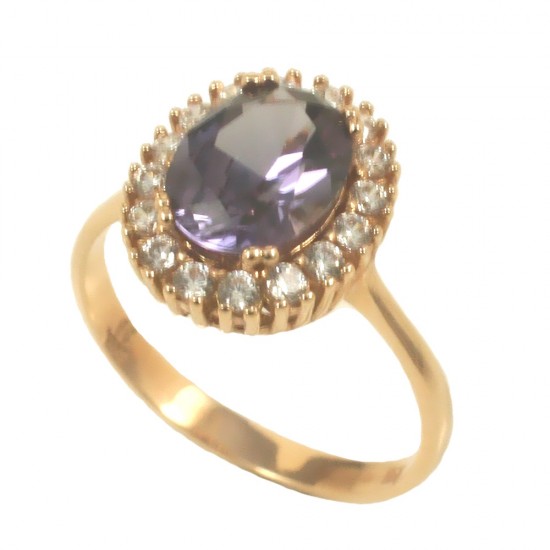 Ring in rose gold K14 with an oval rosette with natural zircon in the color of amethyst 3248