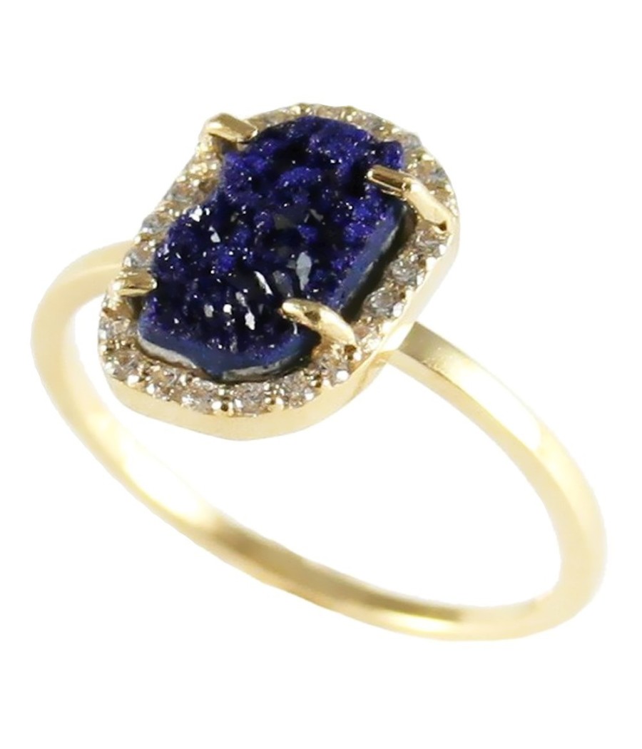 14K gold ring with natural Azurite gemstone and white cubic zirconia