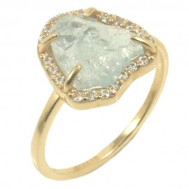 Ring in gold K14 with white zircons and natural aquamarine stone 17886