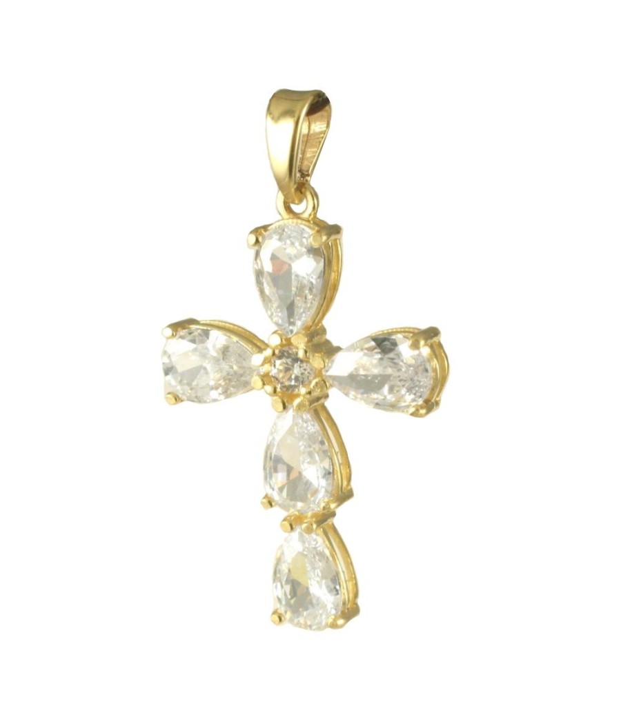14K gold cross pendant with white teardrop zircon stones
