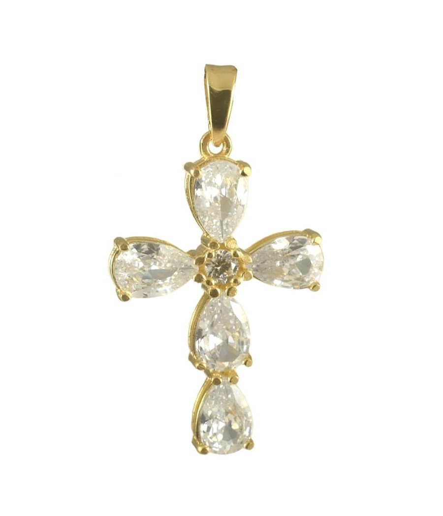 14K gold cross pendant with white teardrop zircon stones