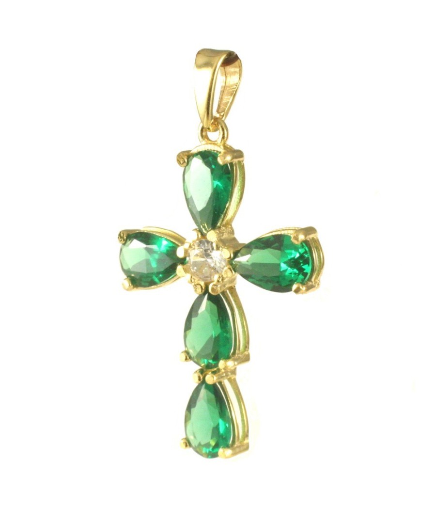 14K gold cross pendant with green teardrop zircon stones
