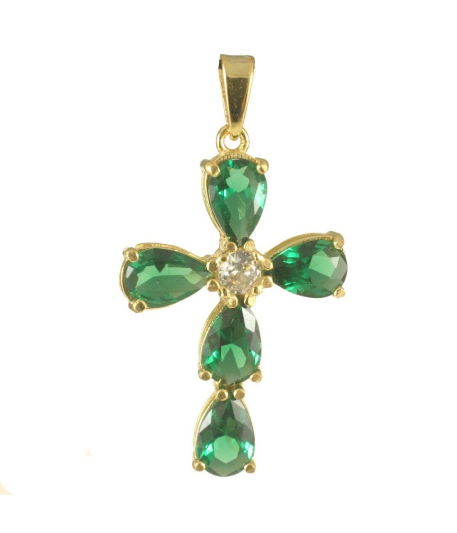 14K gold cross pendant with green teardrop zircon stones