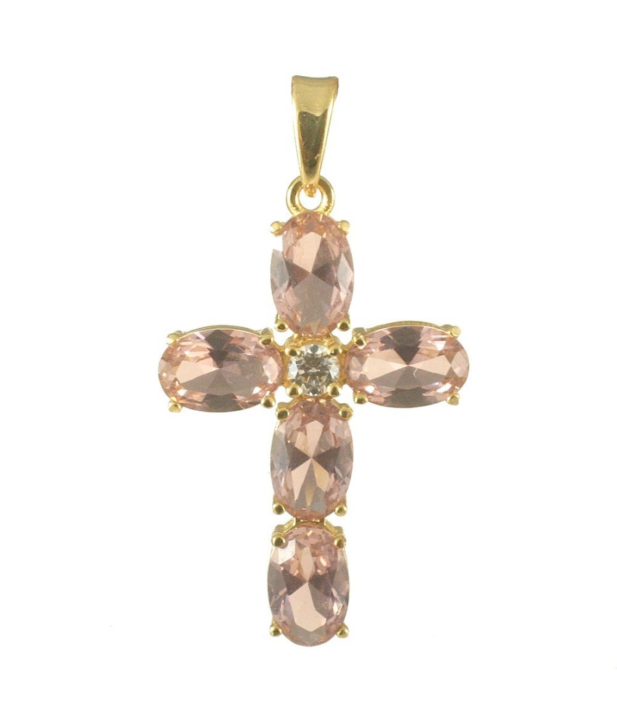 14K gold cross pendant with morganite-colored drop zircon stones