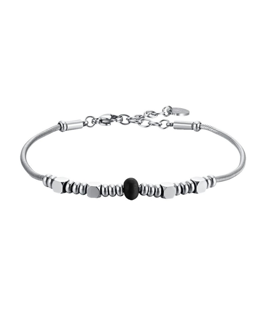 Men’s stainless steel bracelet in silver with black stone