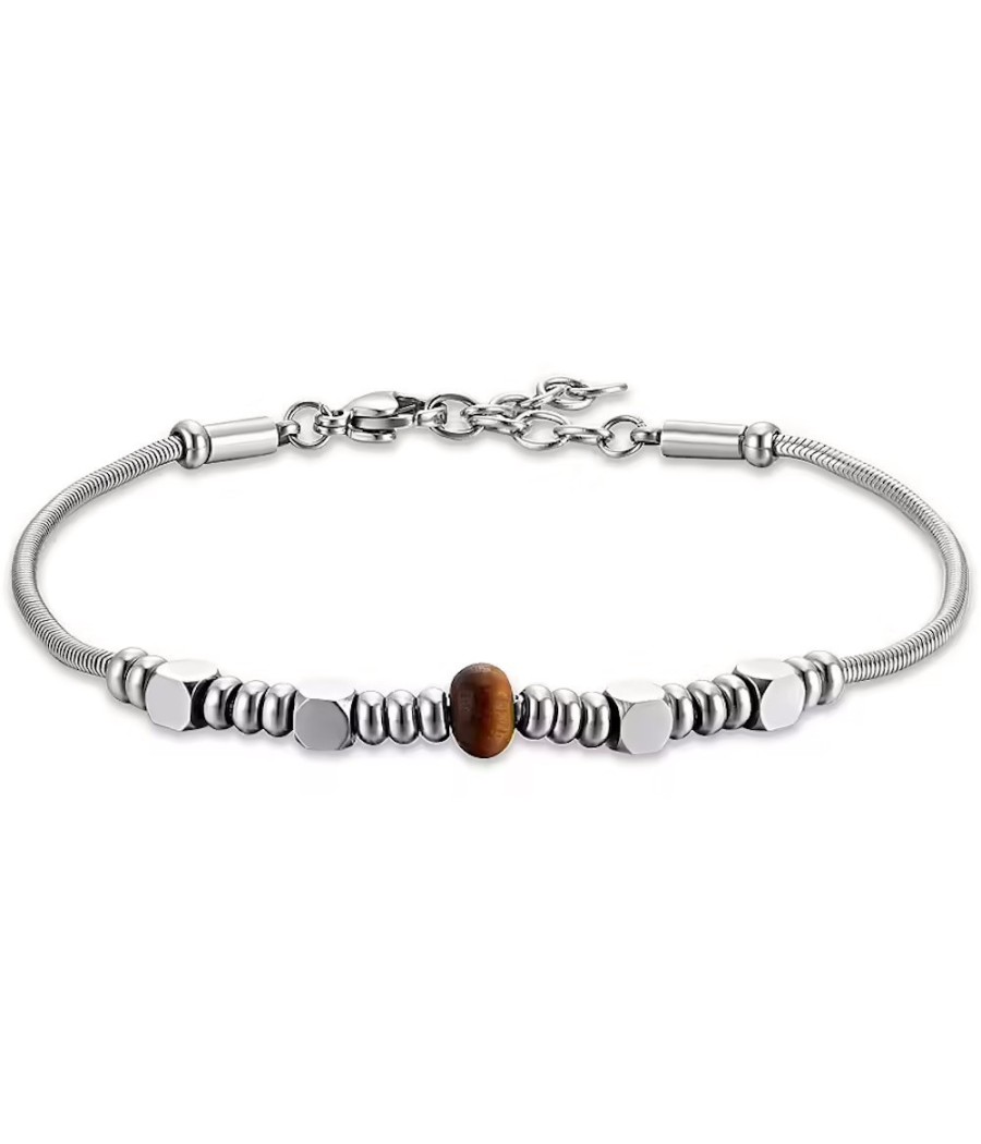 Men’s stainless steel bracelet with tiger’s eye stone in silver color