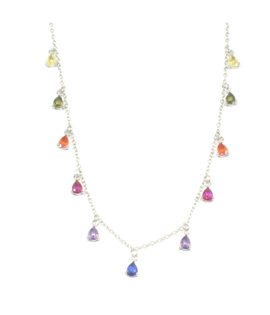 Silver necklace with rainbow-colored teardrop zirconia