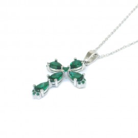 Cross in silver and natural zircons in green in teardrop design   34018