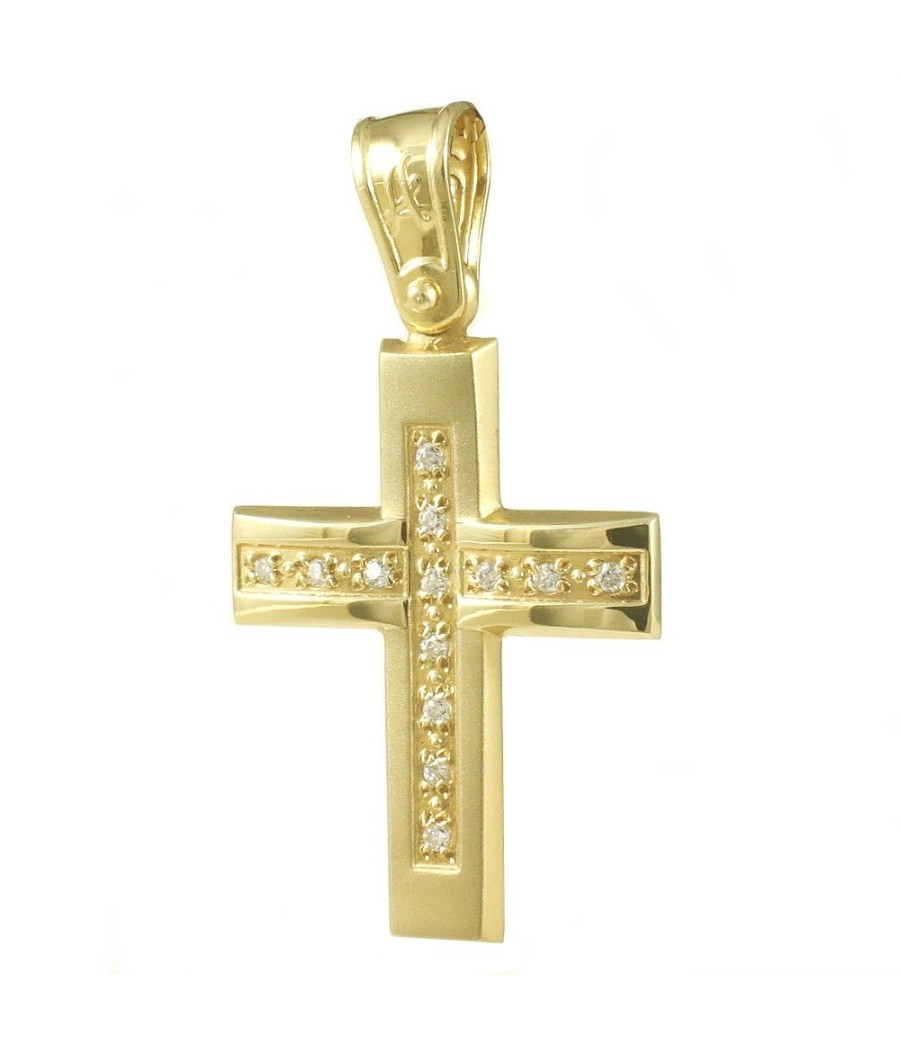 14K gold cross pendant with white zircon stones, 35x20mm