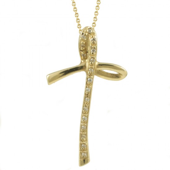 Cross in gold K14 with white zircons and chain 45 cm long for baptism
