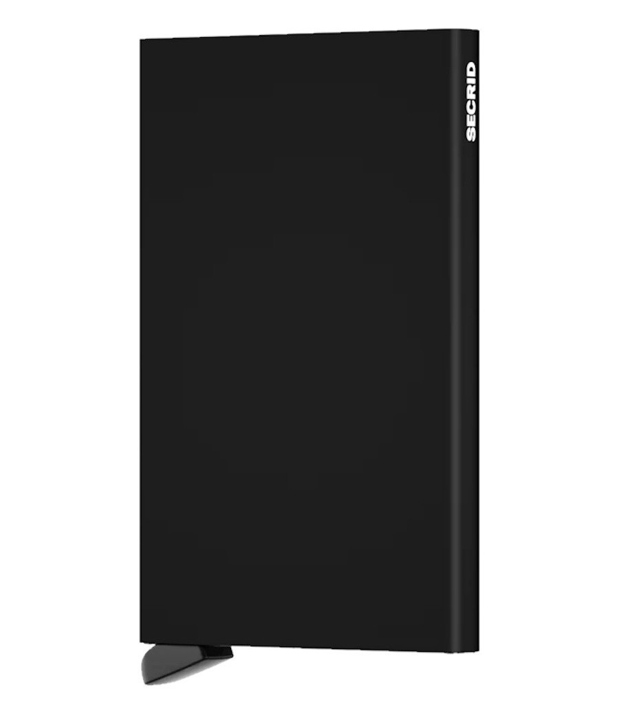 Secrid Cardprotector Black with RFID protection, aluminum body, and slide-out card mechanism