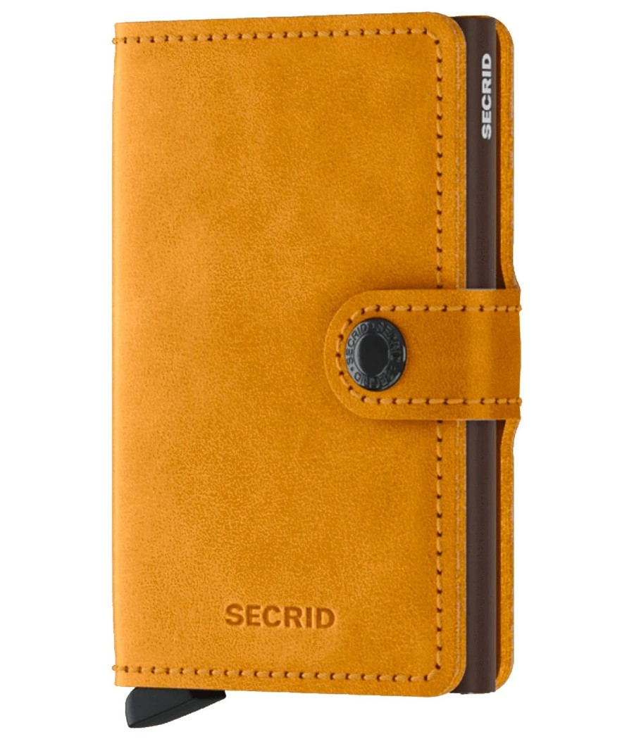 Secrid Miniwallet Vintage Ochre with bright ochre leather, dark Cardprotector, and RFID protection