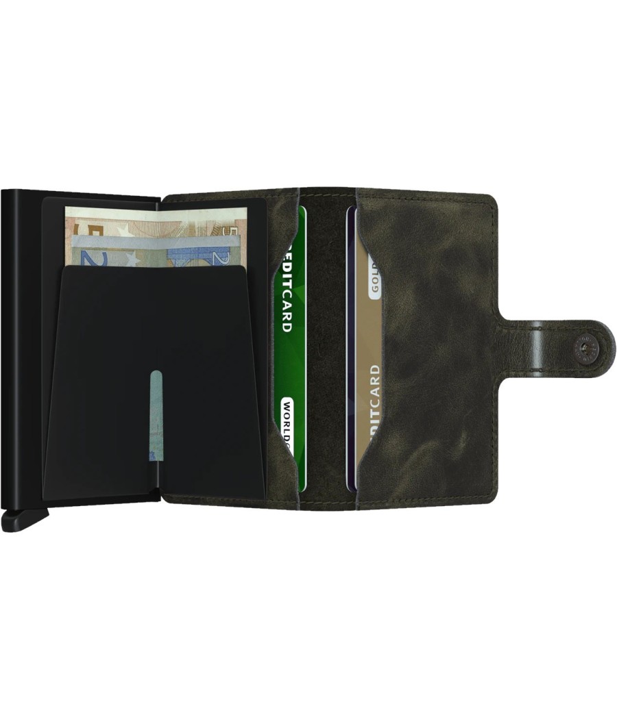 Secrid Miniwallet Vintage Olive-Black with olive green leather, black Cardprotector, and RFID protection