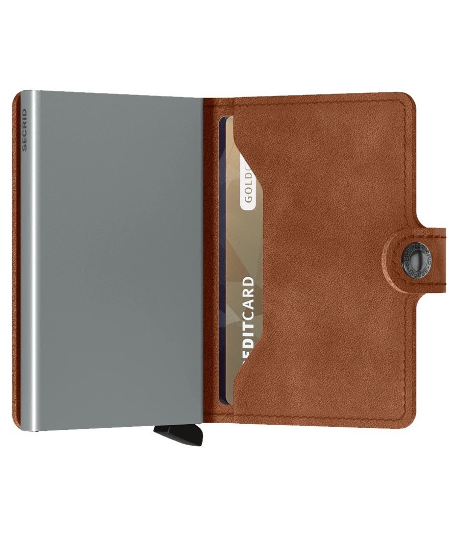 Secrid Miniwallet Vintage Cognac-Silver με δέρμα cognac, ασημί Cardprotector και RFID προστασία
