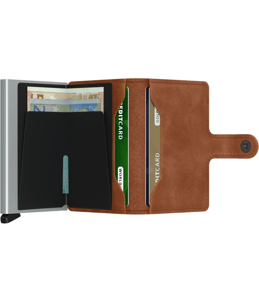 Secrid Miniwallet Vintage Cognac-Silver με δέρμα cognac, ασημί Cardprotector και RFID προστασία