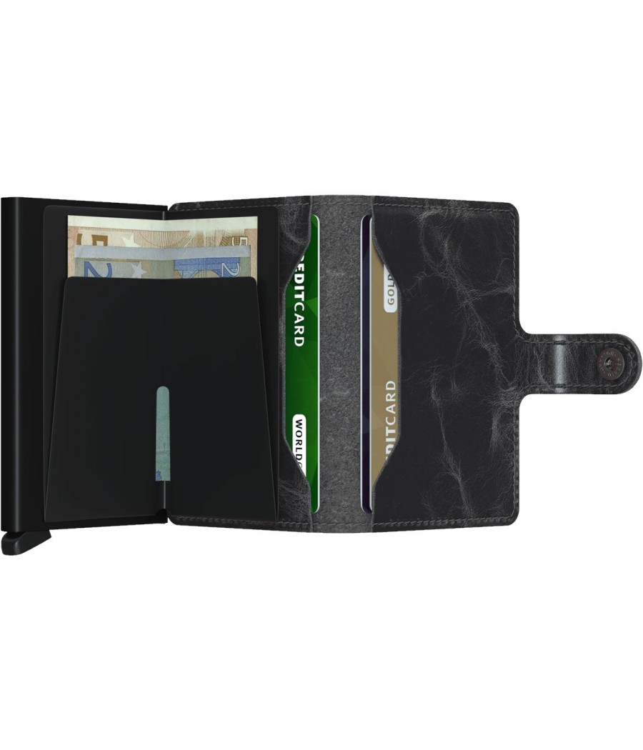 Secrid Miniwallet Vintage Grey-Black with vintage grey leather, black Cardprotector, and RFID protection