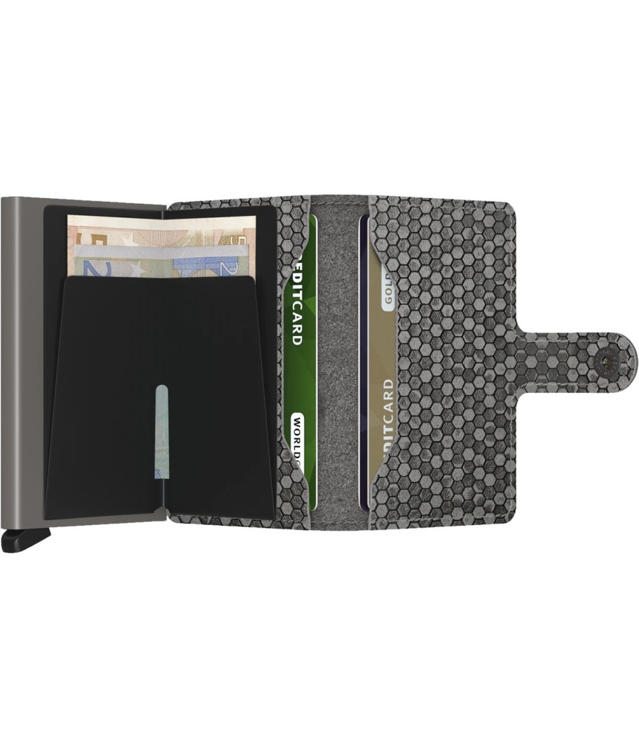 Secrid Miniwallet Hexagon Grey with hexagonal leather texture, grey Cardprotector, and RFID protection