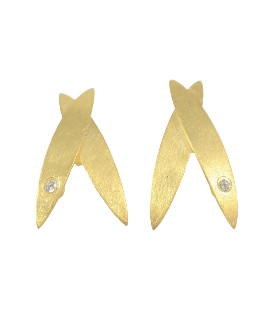 Gold-plated handmade sterling silver olive leaf earrings with white zircon
