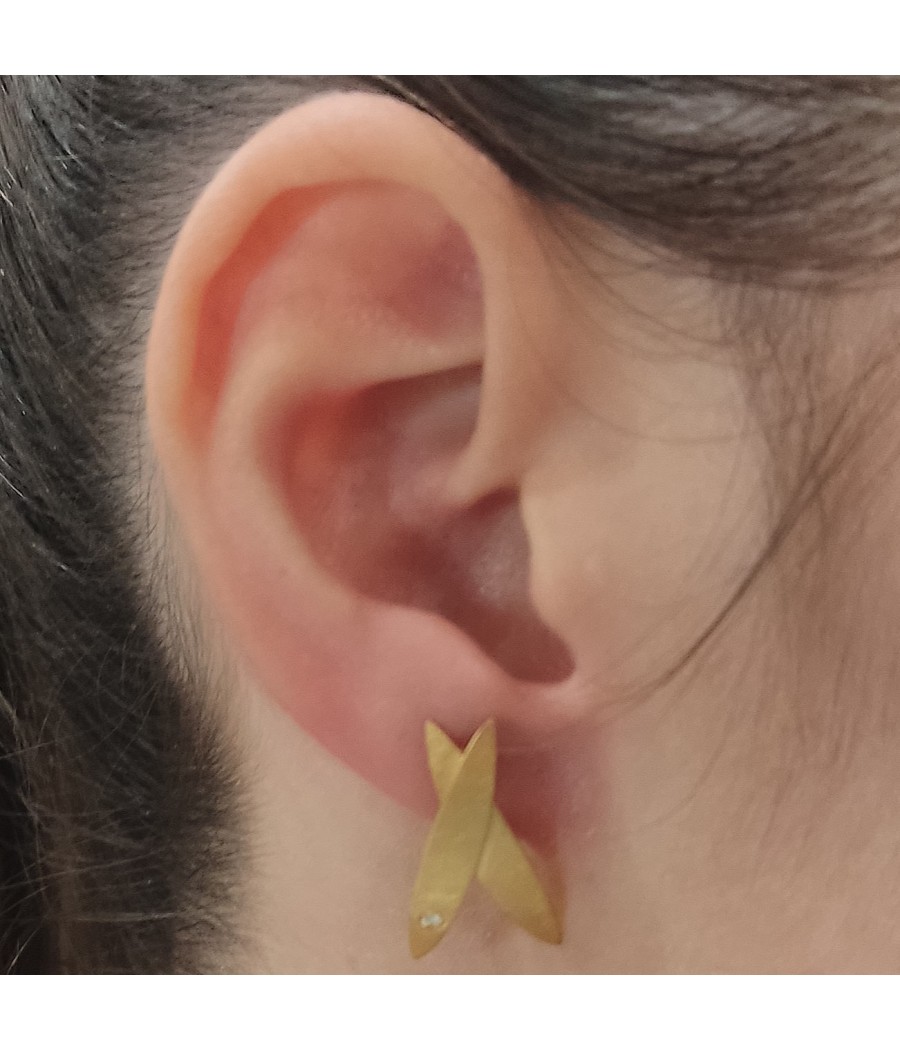 Gold-plated handmade sterling silver olive leaf earrings with white zircon