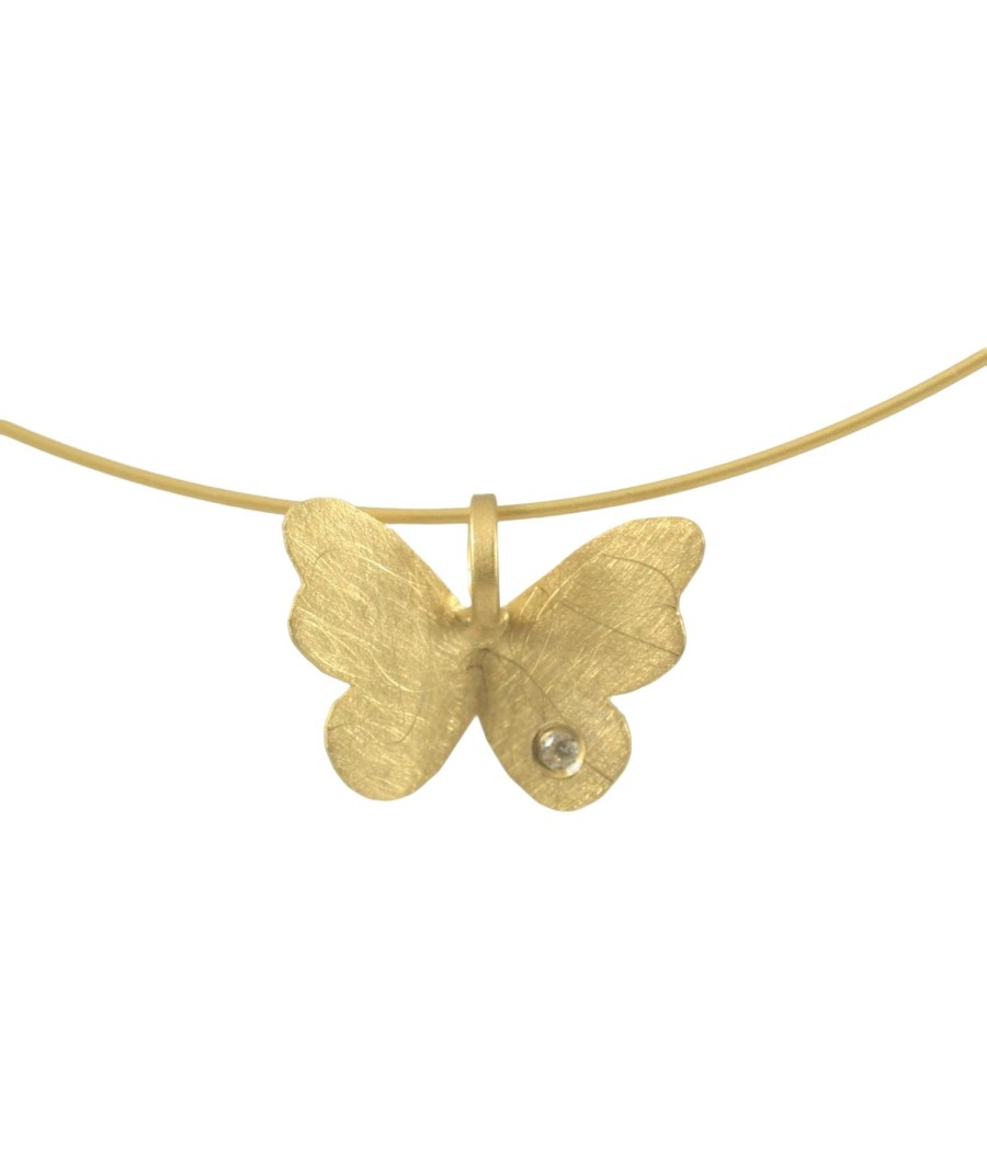 Butterfly pendant in 14K satin gold with natural white zircon