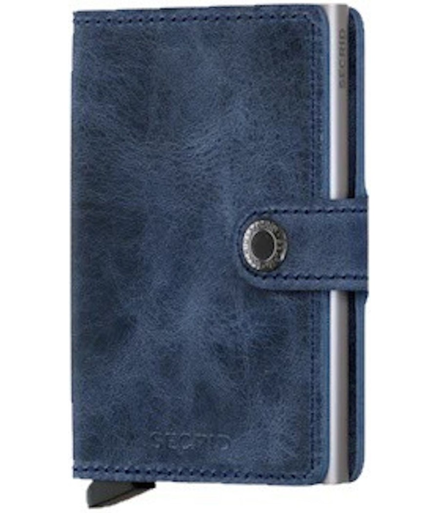Secrid Miniwallet Vintage Blue with rich blue vintage leather, silver Cardprotector, and RFID protection