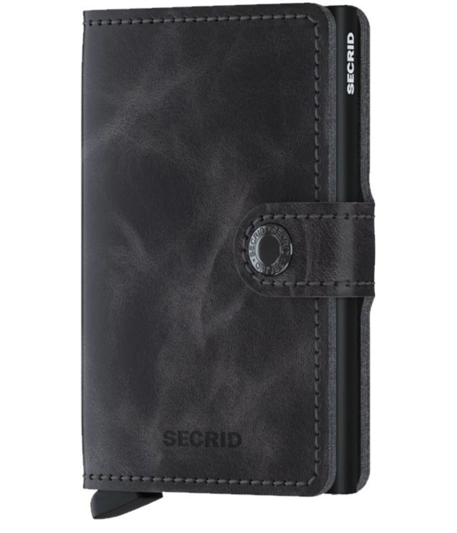 Secrid Miniwallet Vintage Grey-Black with vintage grey leather, black Cardprotector, and RFID protection