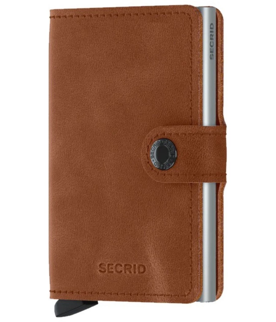 Secrid Miniwallet Vintage Cognac-Silver με δέρμα cognac, ασημί Cardprotector και RFID προστασία