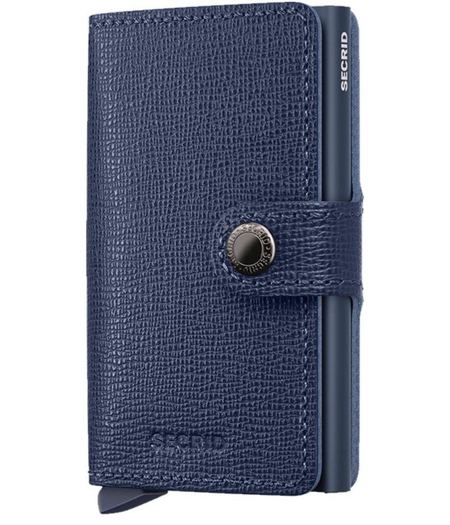 Secrid Miniwallet Crisple Navy wallet in dark blue Saffiano embossed leather with button closure