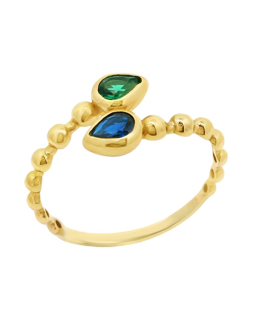 14K Gold Drop Ring with Blue & Green Zirconia
