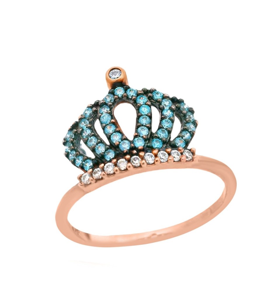 9K Rose Gold Crown Ring with White and Blue Zirconia