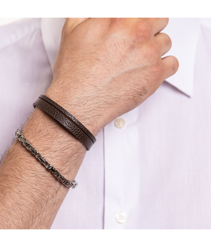 Men’s Brown Leather Bracelet with Steel Clasp