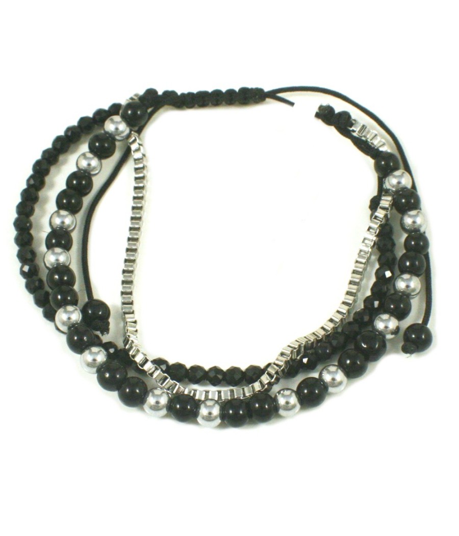 Men's bracelet with black onyx, stainless steel balls and macrame