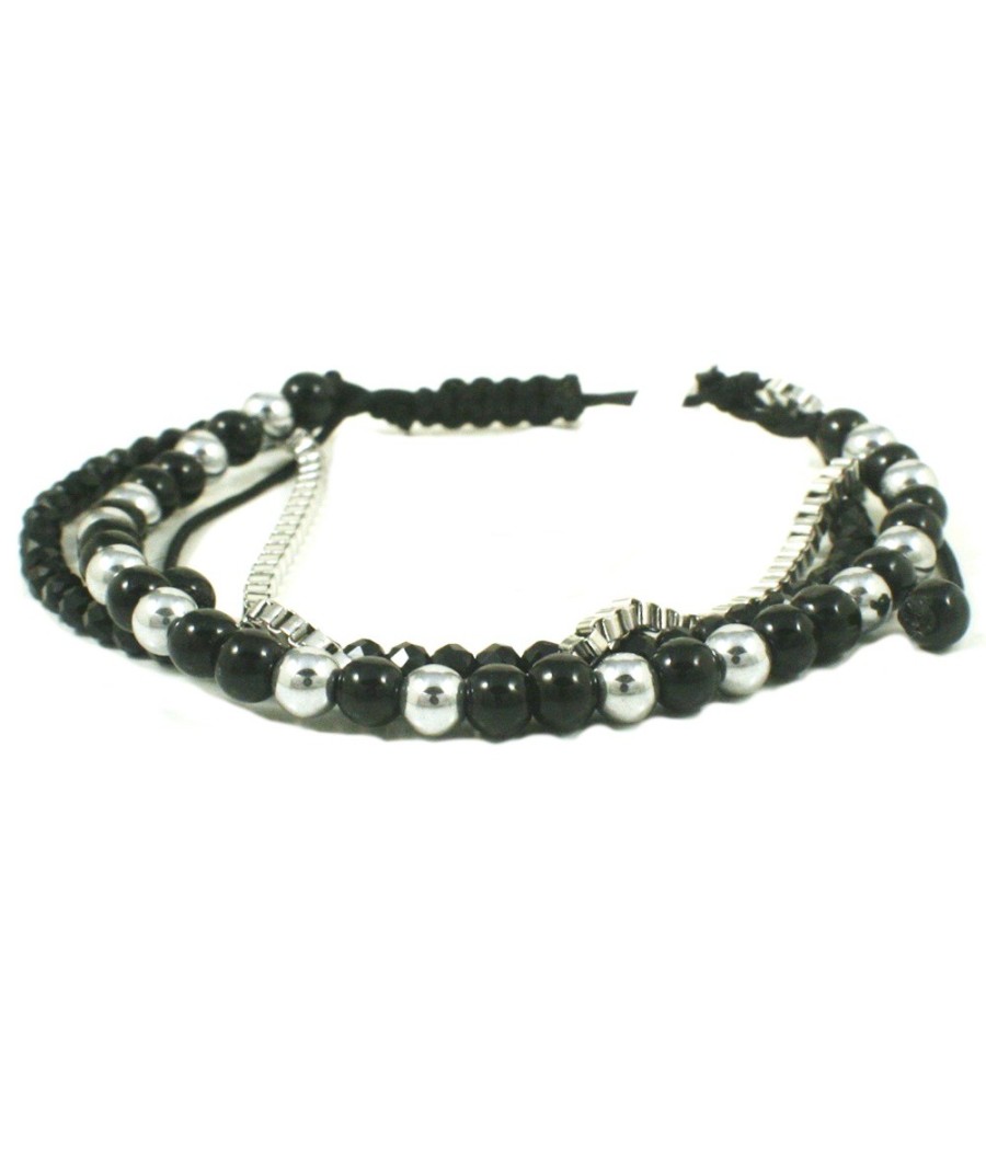 Men's bracelet with black onyx, stainless steel balls