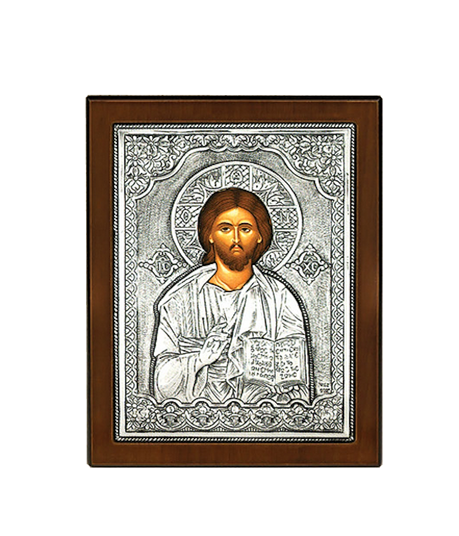 Icon with Christ of Blessings, silver plated, in a wooden frame with a foot. Image dimensions 23X17 centimeters.
