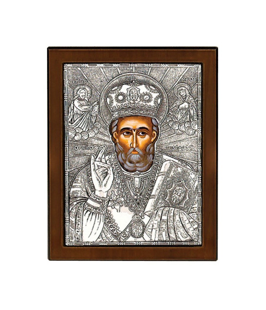 Saint Nicholas silver-plated icon with wooden frame 23×17 cm