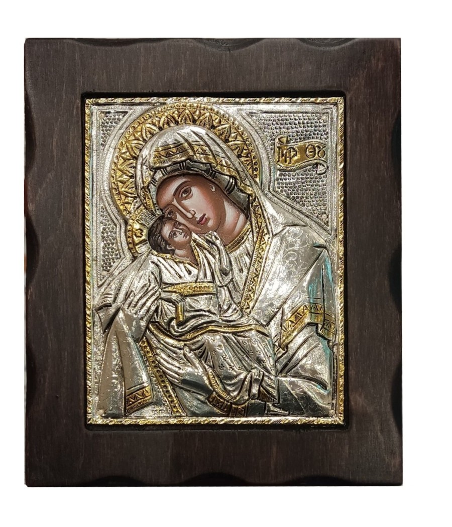 Virgin Mary Glykofilousa silver and gold icon with wooden frame 18×15 cm