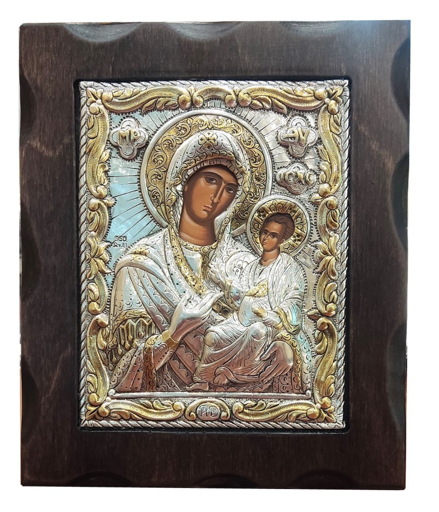 Silver and gold plated Virgin Mary Eleousa icon 18×15 cm with wooden frame