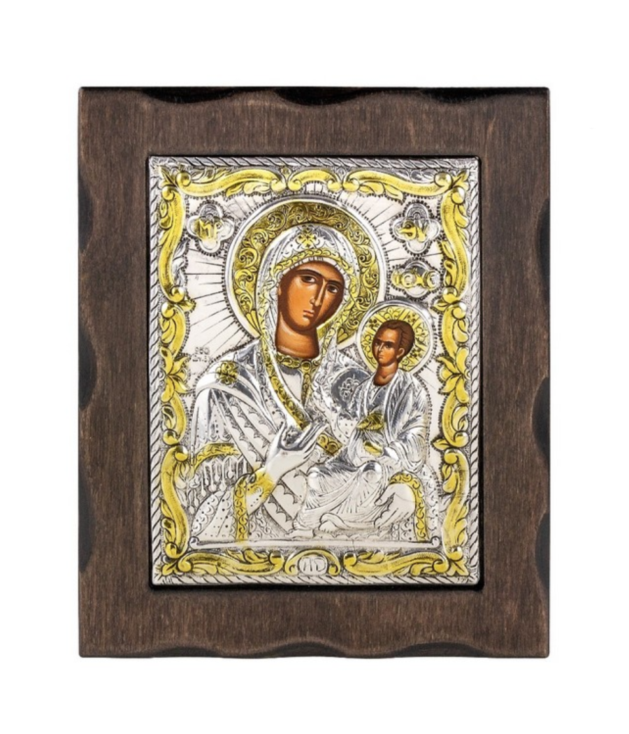 Silver and gold plated Virgin Mary Eleousa icon 18×15 cm with wooden frame