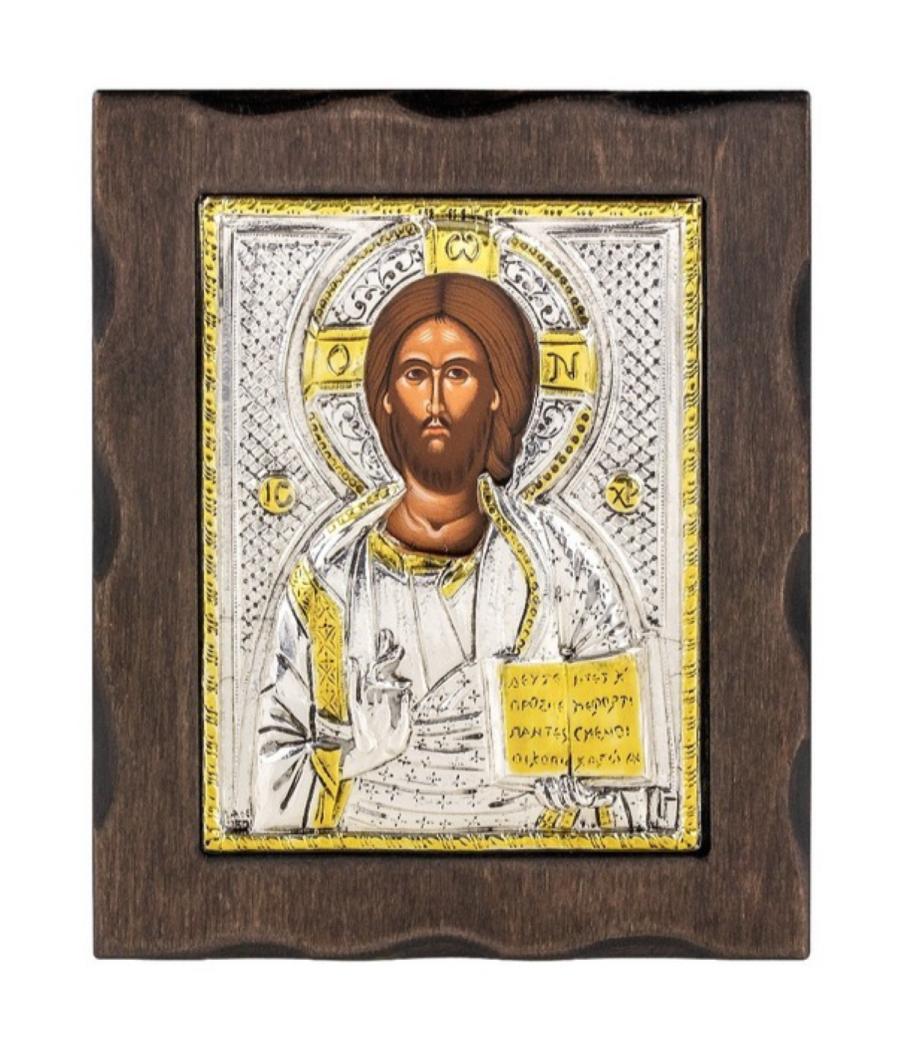 Silver and gold plated Jesus Christ icon 18×15 cm with wooden frame