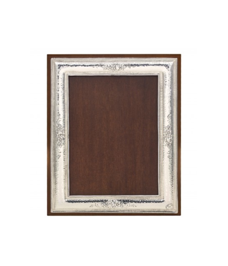 Silver-plated photo frame with wooden base and stand. Frame dimensions 28X22 centimeters.