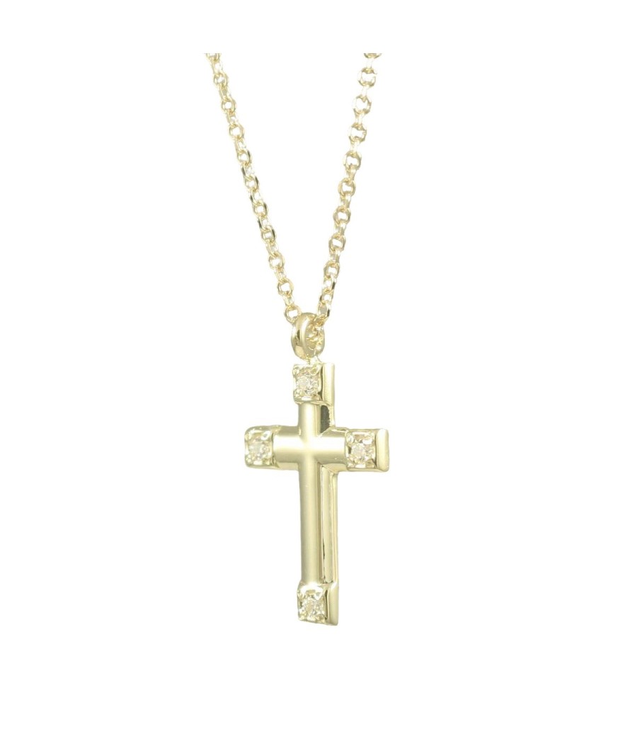 Cross in K14 gold with chain and natural zircons in white color.