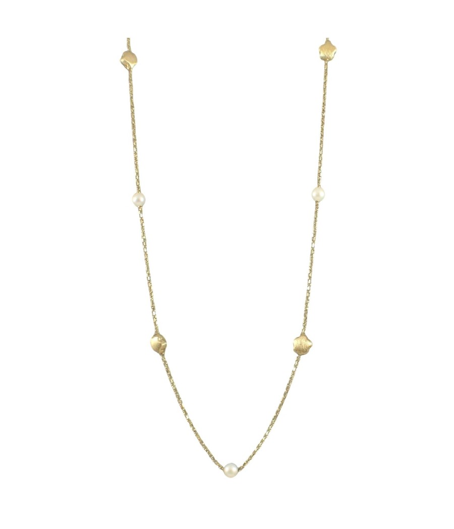 Necklace in 14K gold with white fresh water pearls with a diameter of 4 mm and gold stars.