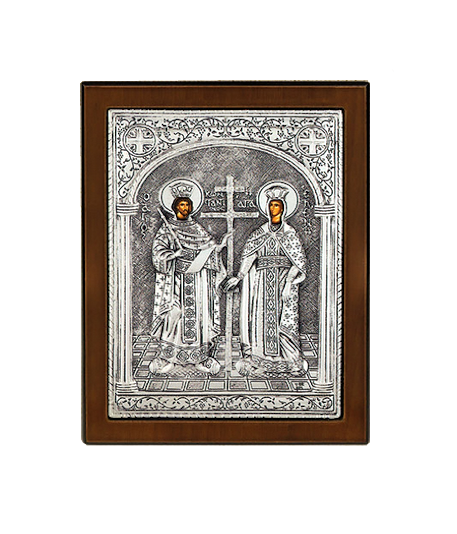 Icon with Saint Constantine and Saint Helen, silver plated, in a wooden frame with a foot. Image dimensions 23X17 centimeters.